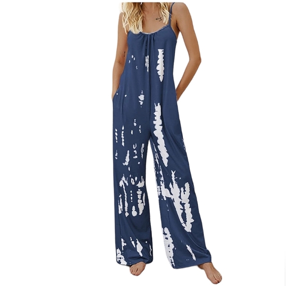 Romantic Hut Pants - ROMANTIC HUT Tie Dye Blue White Adjustable Spaghetti Strap Pocket Jumpsuit